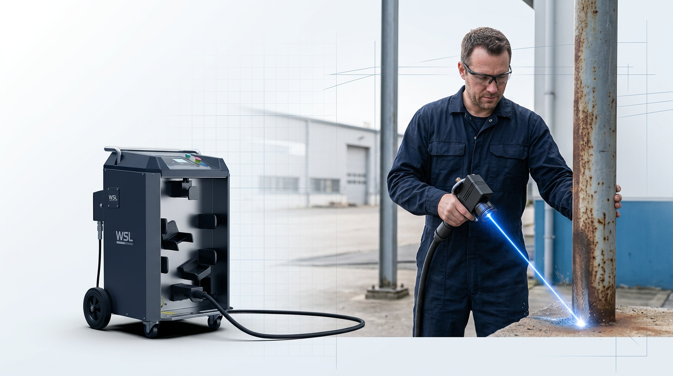 ELASER portable laser cleaning machine on wheeled unit with extended fiber cable, operator in coveralls using handheld scanner to clean metal structural pole with active blue laser beam visible at contact point.