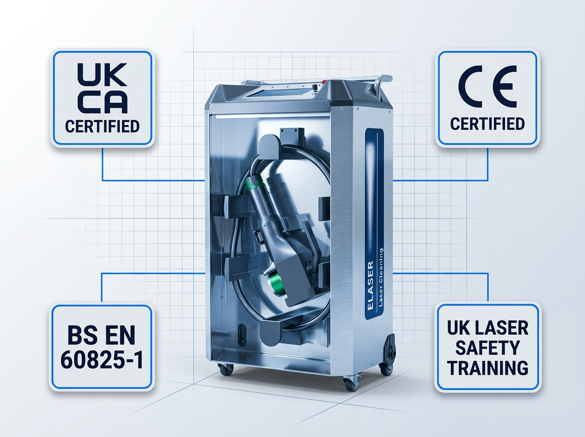 ELASER laser cleaning machine with four certification badges: UKCA Certified, CE Certified, BS EN 60825-1, and UK Laser Safety Training positioned around the unit against a light technical workspace background.