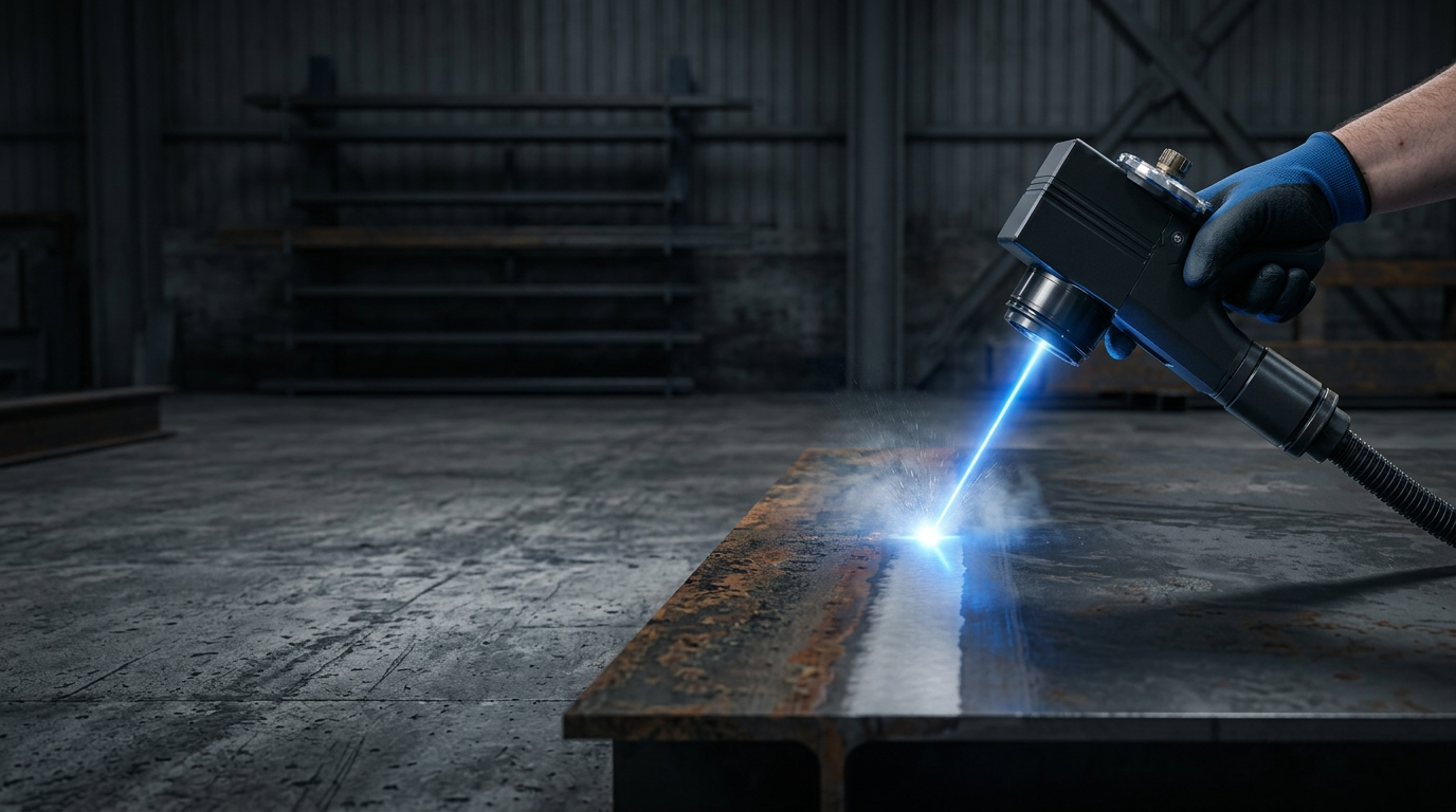 Handheld laser cleaning scanner in active use on dark metal surface with rust, showing electric blue laser ablation plume and clean stripped section in industrial workshop with concrete floor and steel racking.