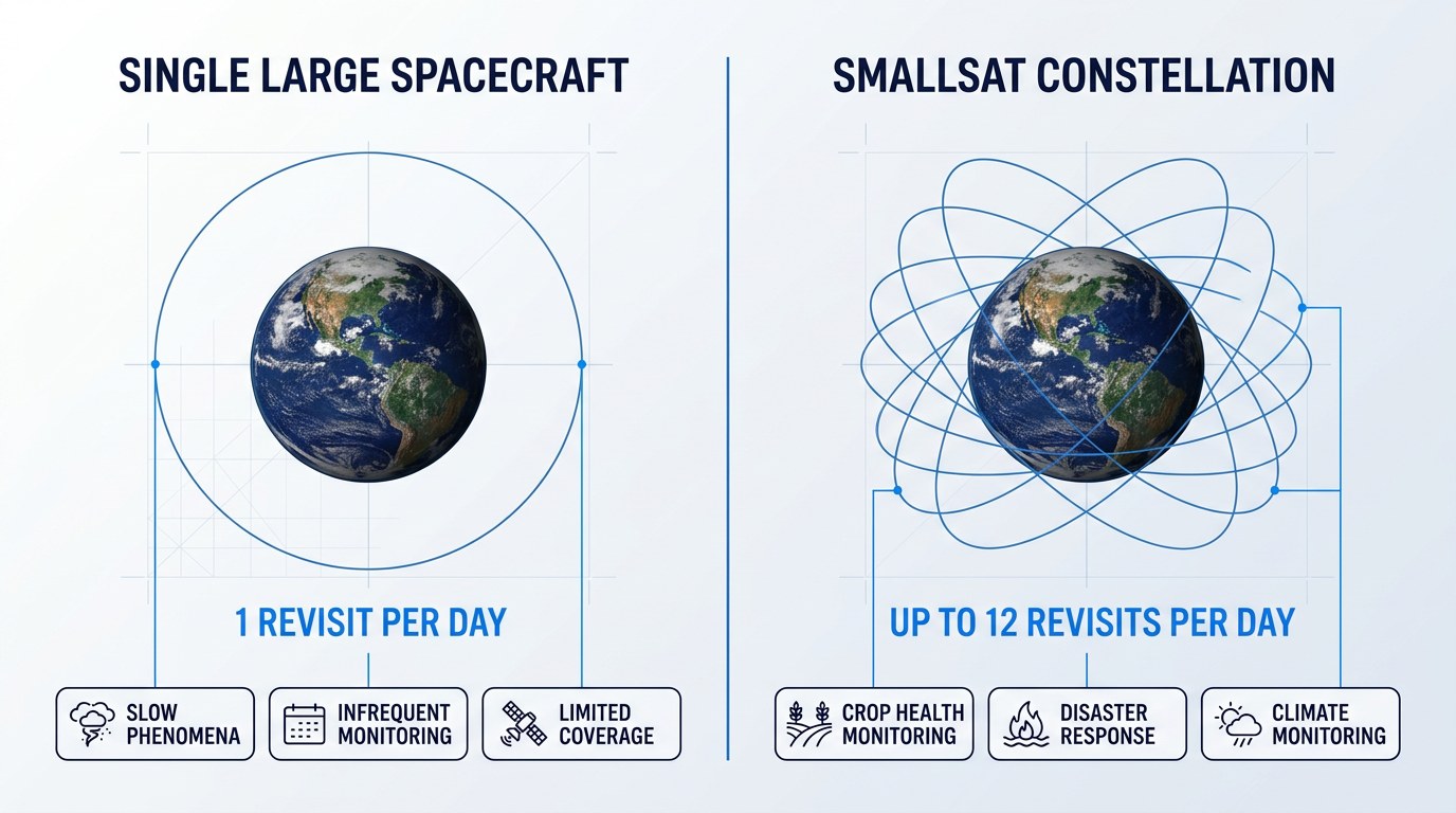 Side-by-side comparison of single large spacecraft versus smallsat constellation orbits around Earth, showing one daily revisit on left and twelve daily revisits on right, with use cases labeled below each.