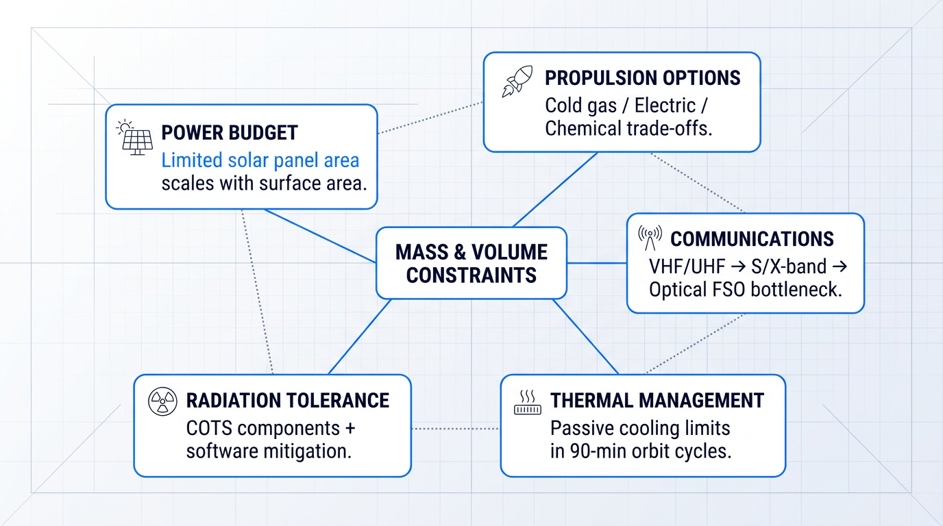 Systems diagram showing five interconnected engineering constraint domains radiating from central mass and volume constraints: power budget, propulsion options, communications, thermal management, and radiation tolerance, connected by solid and dotted lines indicating dependencies.