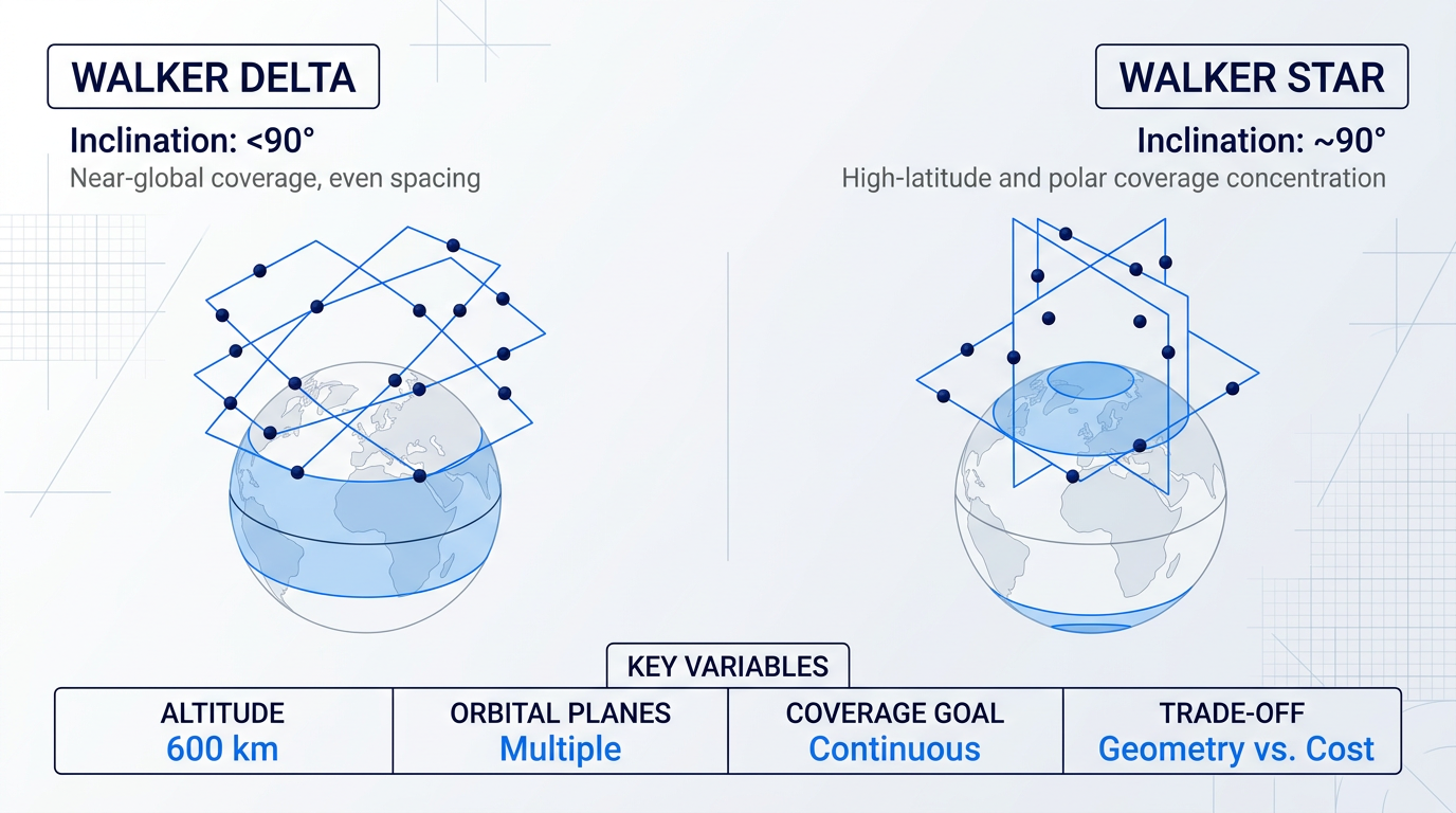 Side-by-side comparison of Walker Delta and Walker Star orbital constellation geometries, showing inclination angles, satellite distributions, and ground coverage patterns on Earth.