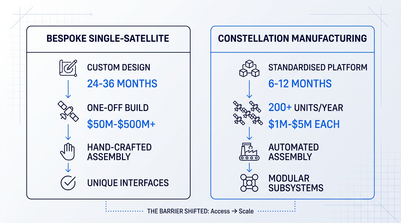 Two-column comparison showing bespoke single-satellite development (24-36 months, $50M-$500M+, custom design, hand-crafted assembly) versus constellation mass production (6-12 months, 200+ units/year, $1M-$5M each, standardised platform, automated assembly). Arrow at bottom indicates barrier shifted from access to scale.