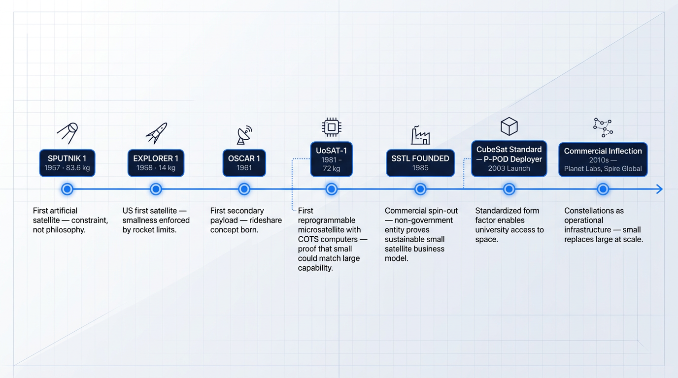 Horizontal timeline showing seven key milestones in small satellite history from 1957 to 2010s, with nodes marking Sputnik 1, Explorer 1, Oscar 1, UoSAT-1, SSTL founding, CubeSat standard, and commercial constellation era, connected by electric blue axis line.