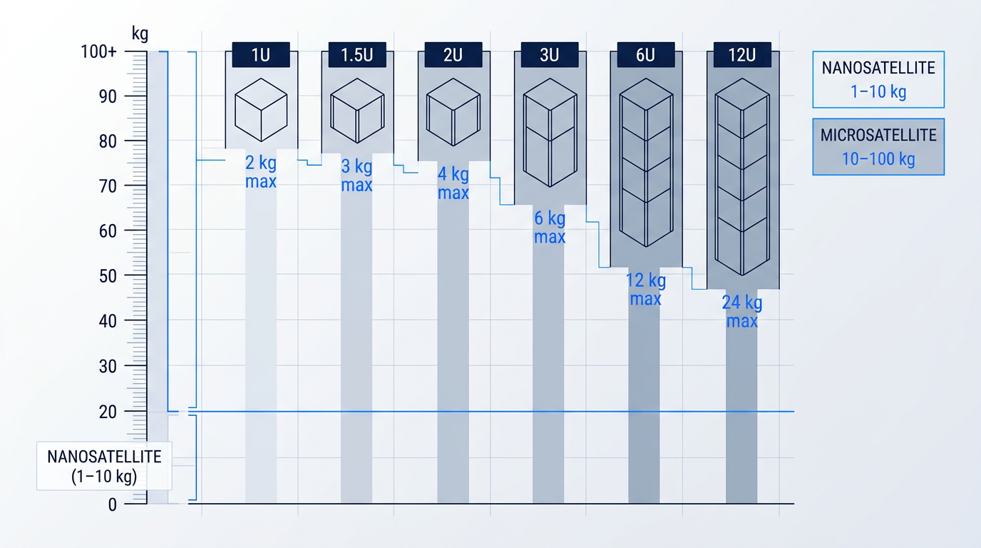 Vertical mass taxonomy infographic showing six CubeSat form factors (1U through 12U) mapped to a kilogram scale with nanosatellite (1–10 kg) and microsatellite (10–100 kg) classification bands highlighted in blue.