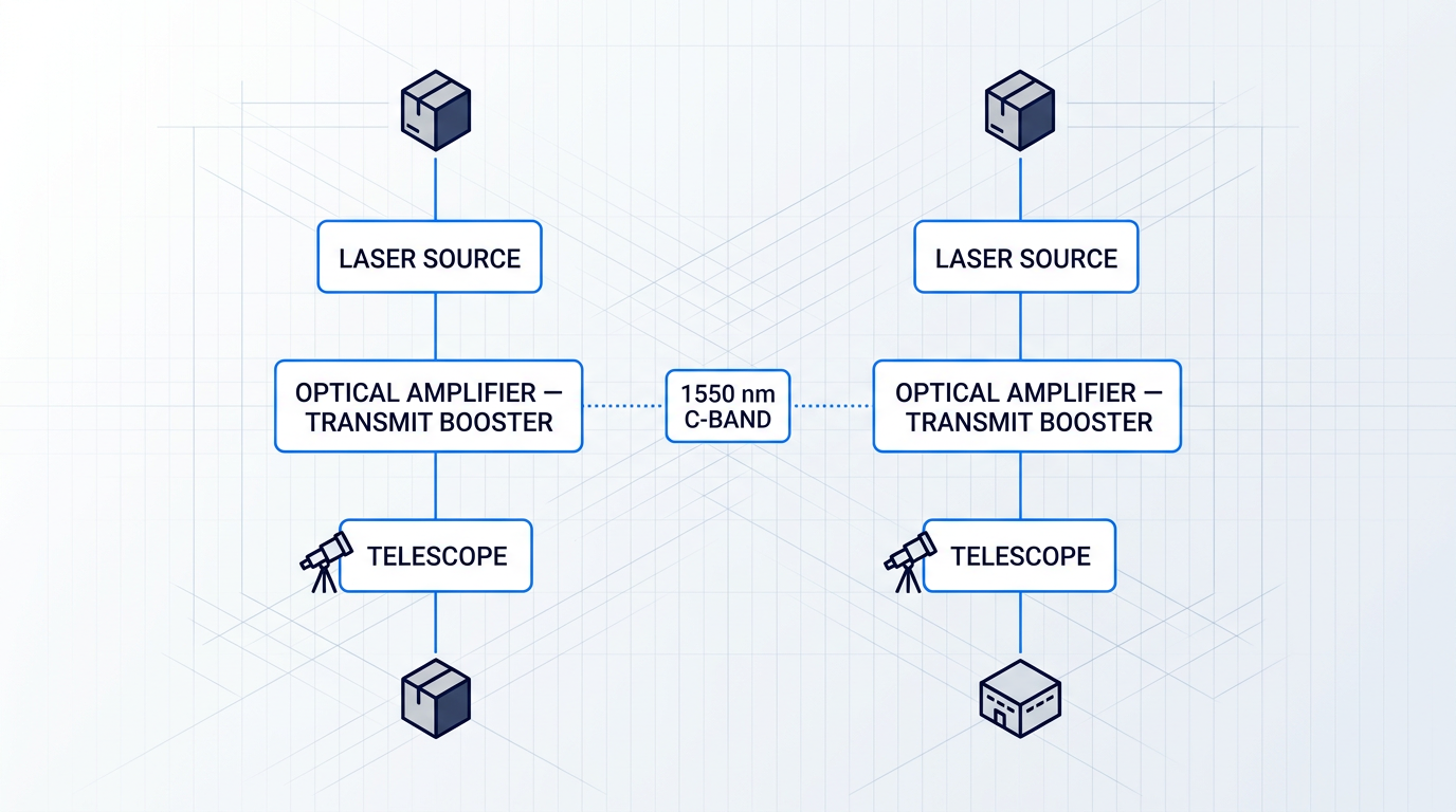 Signal chain diagram showing two parallel free-space optical communications paths: inter-satellite link and satellite-to-ground link, each with laser source, optical amplifier transmit booster, and telescope stages connected by blue lines, operating at 1550 nm C-band.