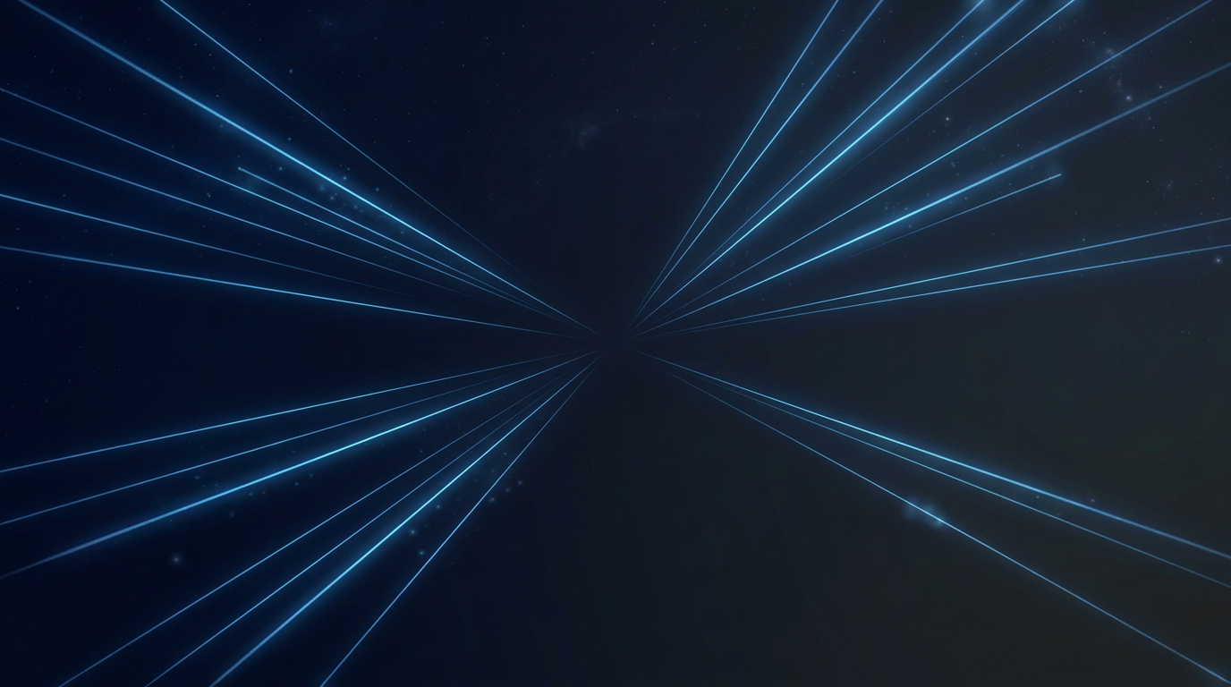 Deep-space background with converging fibre-optic light traces in electric blue against dark navy and charcoal gradient, evoking free-space optical communications between satellites.