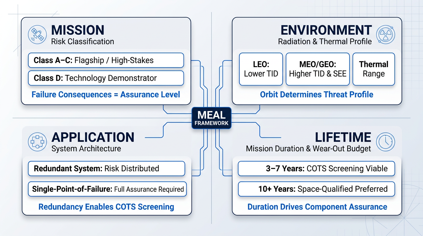 MEAL Framework decision matrix with four quadrants: Mission (risk classification), Environment (radiation/thermal profile), Application (system architecture), and Lifetime (mission duration), connected to central hub showing how factors interact for space-qualified optical amplifier selection.