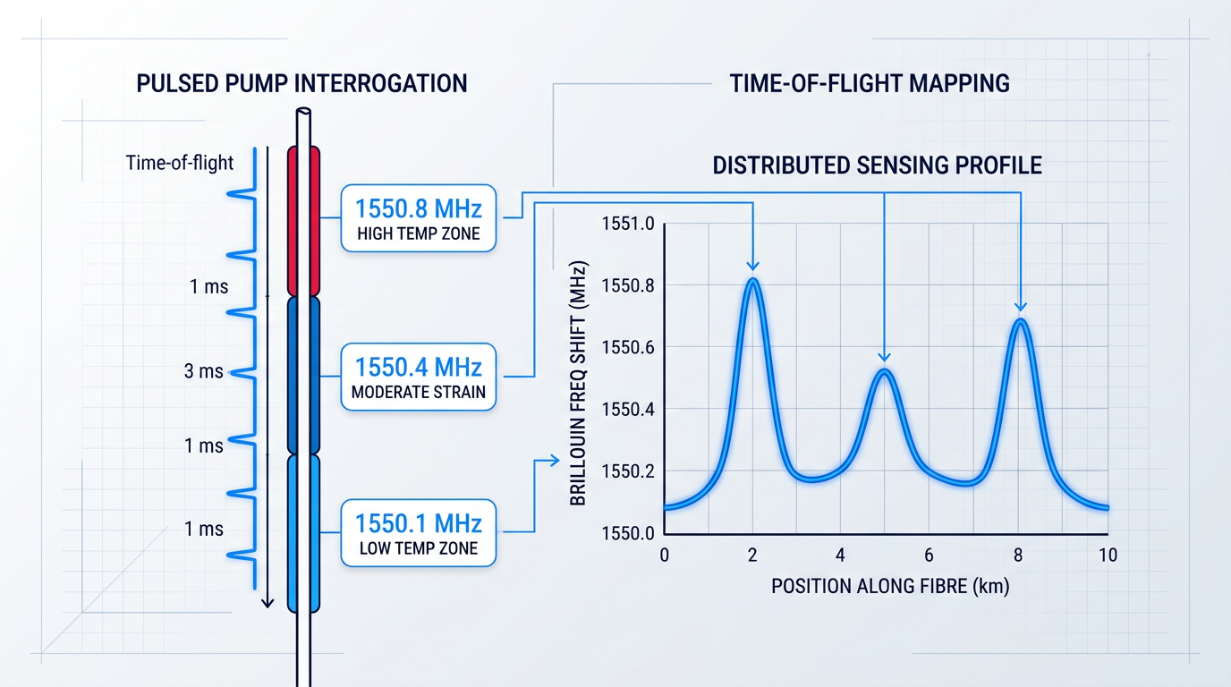 Distributed Brillouin sensing diagram showing pulsed pump traveling along optical fibre with three colour-coded measurement zones displaying frequency shift values, connected by arrows to a distributed profile graph plotting Brillouin frequency shift across fibre length.