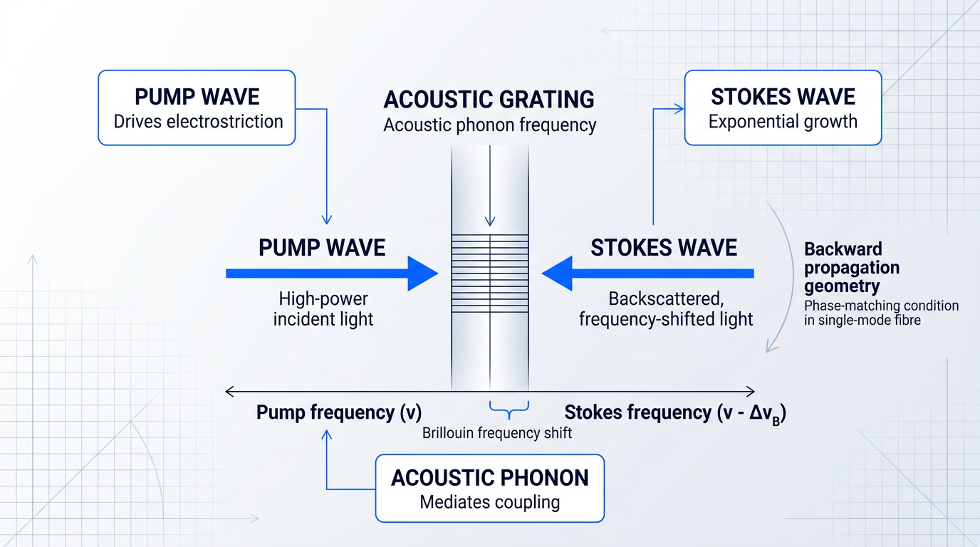 Technical diagram of stimulated Brillouin scattering geometry showing pump wave entering single-mode fibre from left, acoustic grating at interaction point, and Stokes wave exiting backward to the right, with frequency shift annotation and phase-matching labels.