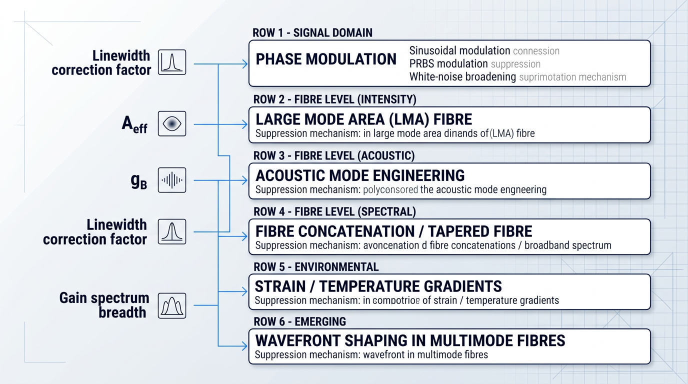 Matrix diagram mapping six stimulated Brillouin scattering suppression strategies to their targeted physical parameters: phase modulation to linewidth correction factor, large mode area fibre to effective mode area, acoustic mode engineering to Brillouin gain coefficient, and fibre concatenation, strain gradients, and wavefront shaping to gain spectrum breadth.
