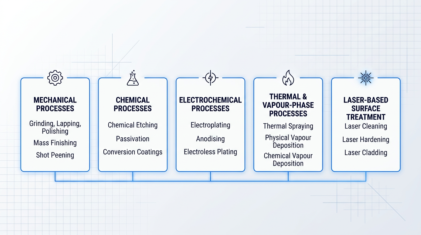 Taxonomy diagram of five surface finishing process families: mechanical, chemical, electrochemical, thermal/vapour-phase, and laser-based, each with three exemplar processes listed and connected by horizontal lines.