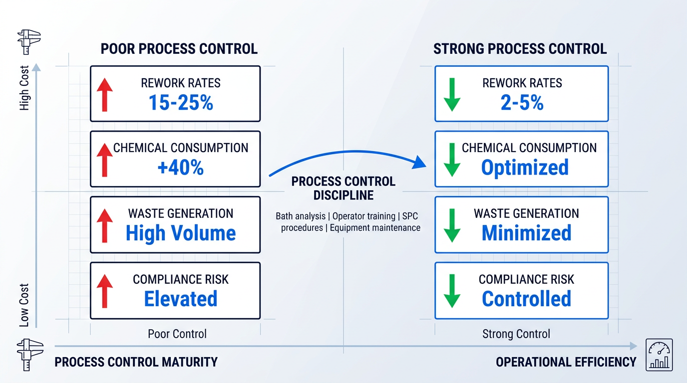 Four-quadrant cost consequence diagram comparing poor process control (left: high rework rates, chemical consumption, waste, compliance risk) to strong process control (right: reduced rework, optimized consumption, minimized waste, controlled risk), with process control discipline factors bridging the two states.