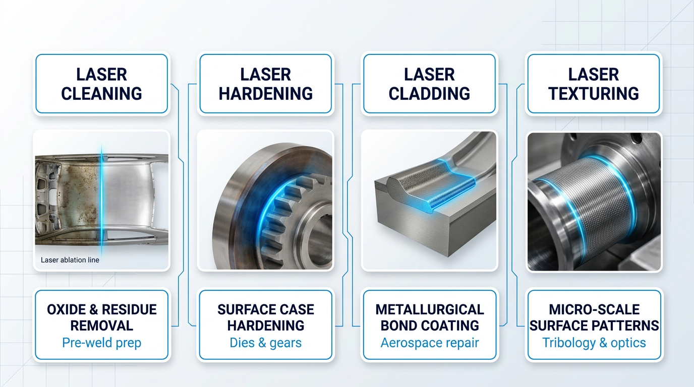 Four-column infographic comparing laser-based surface treatment methods: laser cleaning (oxide removal on automotive parts), laser hardening (case hardening on dies and gears), laser cladding (metallurgical bonding for aerospace repair), and laser texturing (micro-scale patterns for tribology and optical applications).