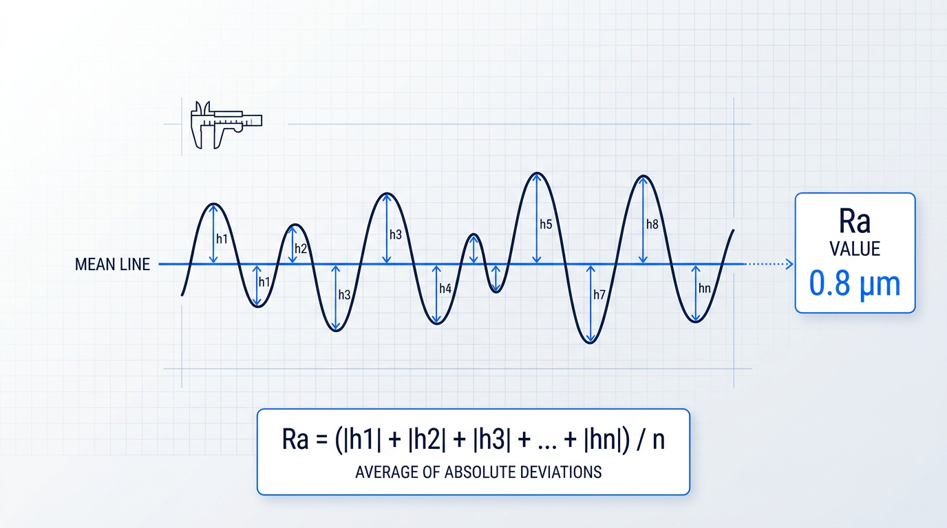 Roughness profile diagram showing wavy surface line with mean line and vertical deviation arrows labeled h1 through h8, formula container displaying Ra calculation as average of absolute deviations, and data badge showing 0.8 µm value.