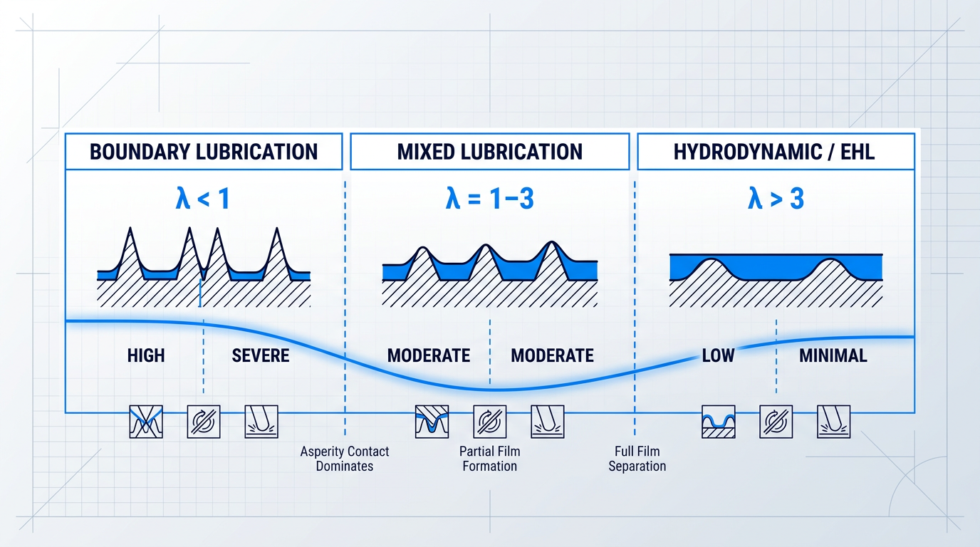 Horizontal lubrication regime spectrum showing boundary, mixed, and hydrodynamic lubrication zones with lambda ratio thresholds, surface cross-sections illustrating film thickness versus asperity height at each regime, and friction coefficient curve overlay.