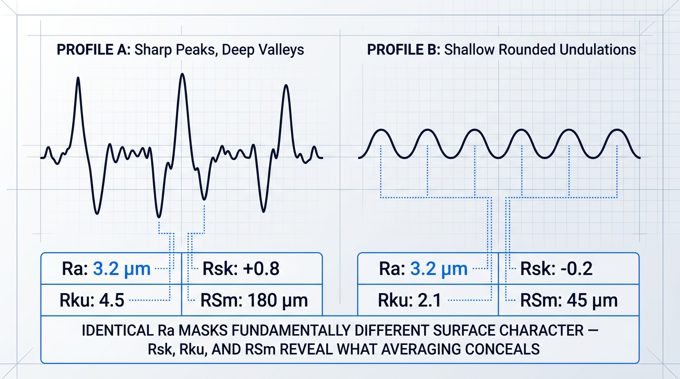 Side-by-side surface roughness profiles with identical Ra values: left profile shows sharp, infrequent peaks with deep valleys (Rsk +0.8, Rku 4.5, RSm 180 µm); right profile shows shallow, rounded undulations (Rsk -0.2, Rku 2.1, RSm 45 µm). Parameters table below each profile demonstrates what Ra alone cannot distinguish.