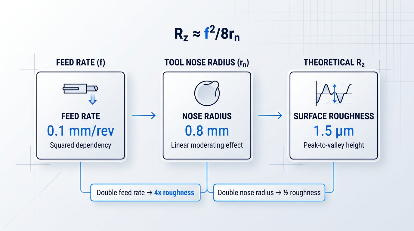 Kinematic roughness relationship diagram showing feed rate (0.1 mm/rev), tool nose radius (0.8 mm), and resulting theoretical surface roughness (1.5 µm), with callouts demonstrating squared dependency of feed rate and linear moderating effect of nose radius.