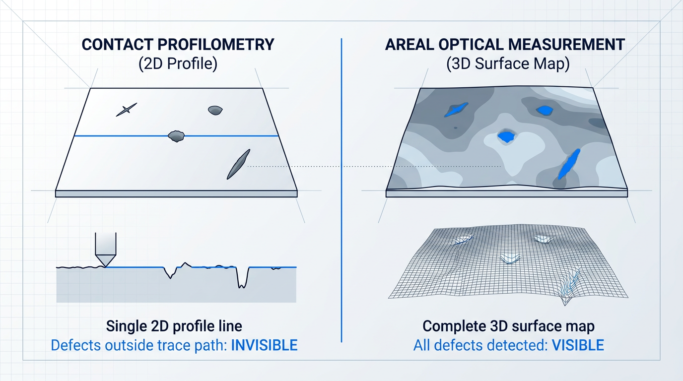 Side-by-side comparison of contact profilometry and areal optical measurement: left shows single stylus trace line missing isolated defects; right shows complete 3D surface map detecting all defects including scratches and pits across the full surface area.