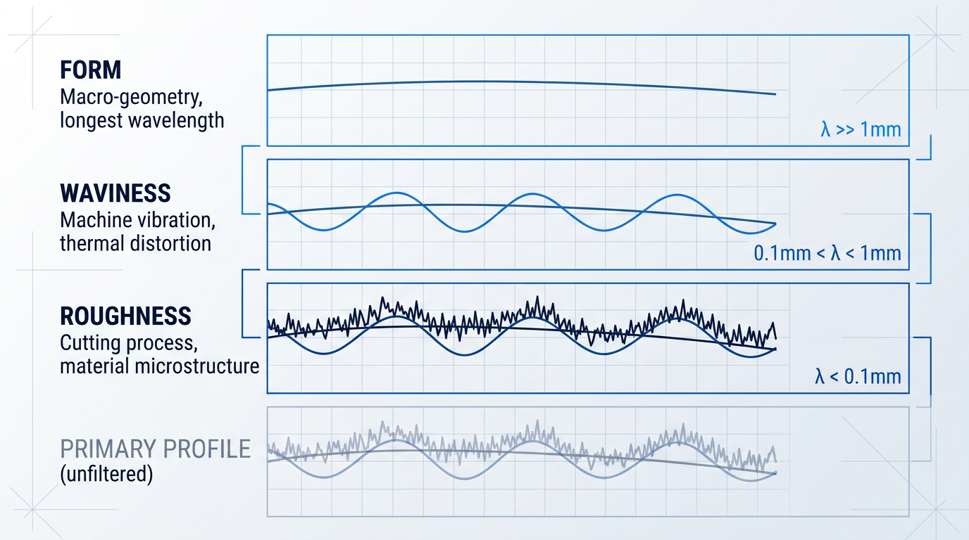 Three-layer surface profile diagram showing form as smooth macro-geometry, waviness as intermediate undulations, and roughness as fine high-frequency texture, with wavelength ranges labeled for each component.