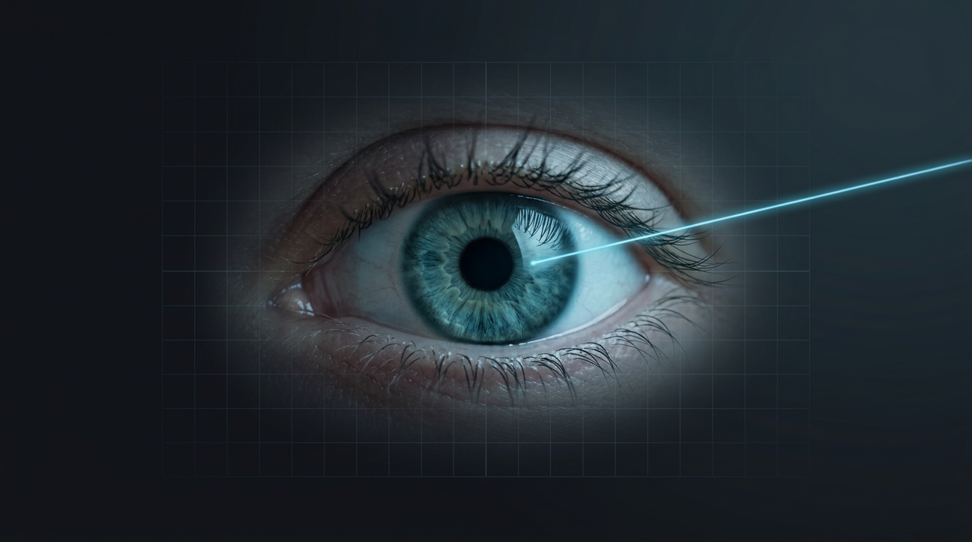 Close-up of human eye with cool blue-green iris and natural detail, soft cyan laser beam passing nearby without striking the retina, demonstrating eye-safe infrared laser behavior against dark background.