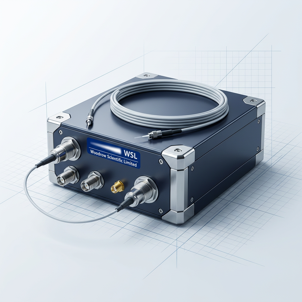 Compact fibre amplifier unit with dark navy chassis, visible connector ports, fibre optic cable terminations, and Woodrow Scientific logo on clean light background.