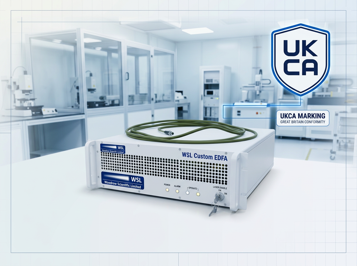 WSL Custom EDFA laser amplifier on light technical background with UKCA conformity badge in upper right corner displaying regulatory mark for Great Britain market