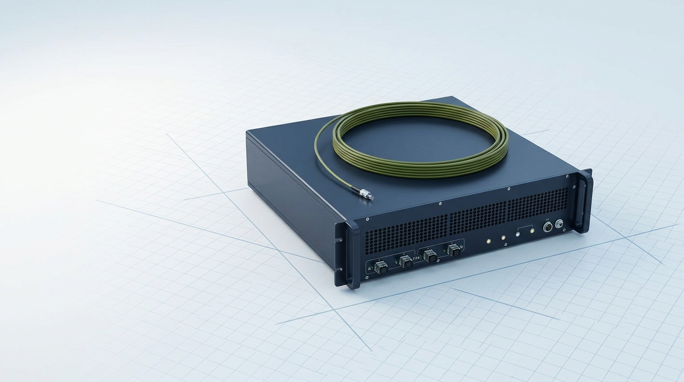 High-power erbium-doped fibre amplifier with dark navy chassis and electric blue branding on clean laboratory workbench under bright studio lighting.