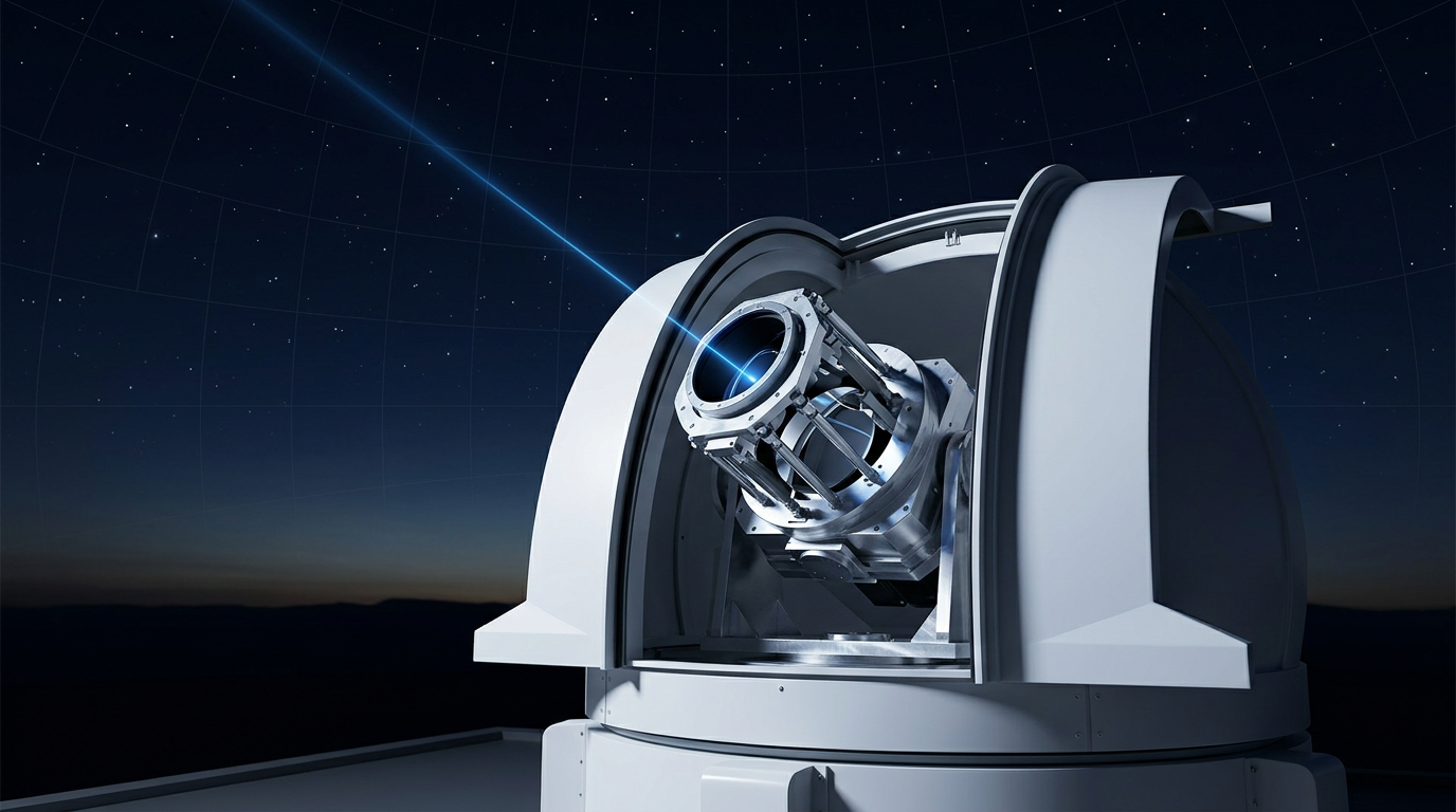 Ground-station optical terminal with open dome revealing reflective optical turret and scanning head, pointed toward night sky with electric blue laser uplink beam.