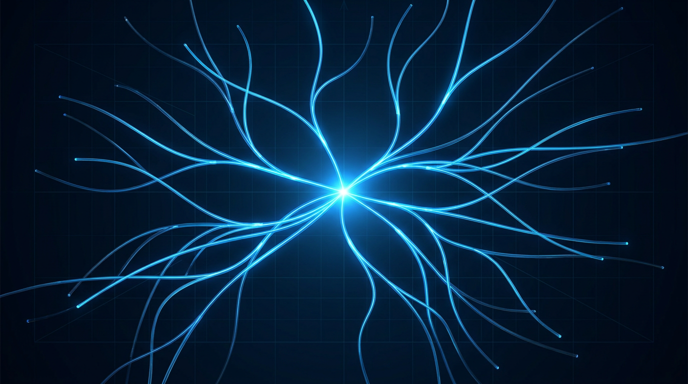 Glowing electric blue fiber-optic strands branch outward from a central luminous node against a dark navy background, creating a networked topology suggesting distributed optical connectivity.