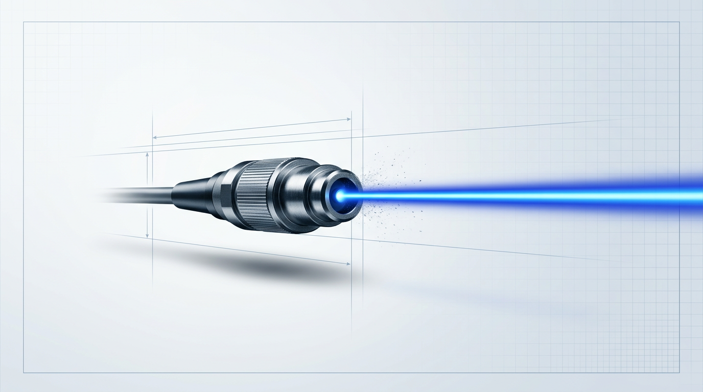 Precision fibre-optic connector with collimated electric blue infrared beam emerging rightward, metallic connector detail visible against light technical background with subtle grid pattern.