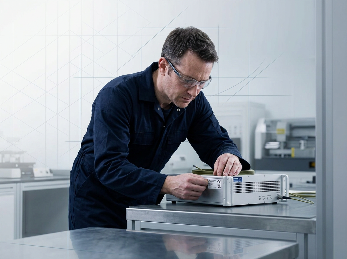 Technician in dark navy coveralls inspecting a compact fibre amplifier unit at a precision workbench, applying conformity marking in a bright cleanroom-style manufacturing facility.