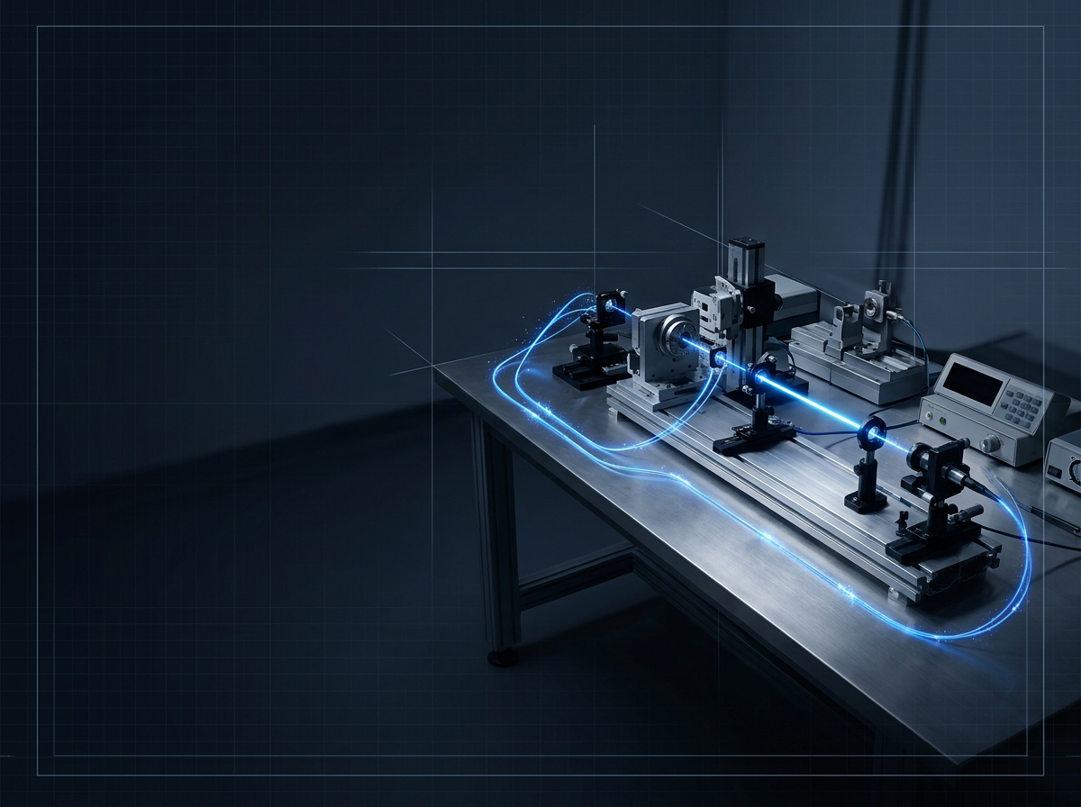Precision fibre-optic laboratory workbench with glowing electric blue optical fibre strands routed through mounted photonics research equipment, stainless steel optical bench with measurement instruments and control panels under cool directional lighting.
