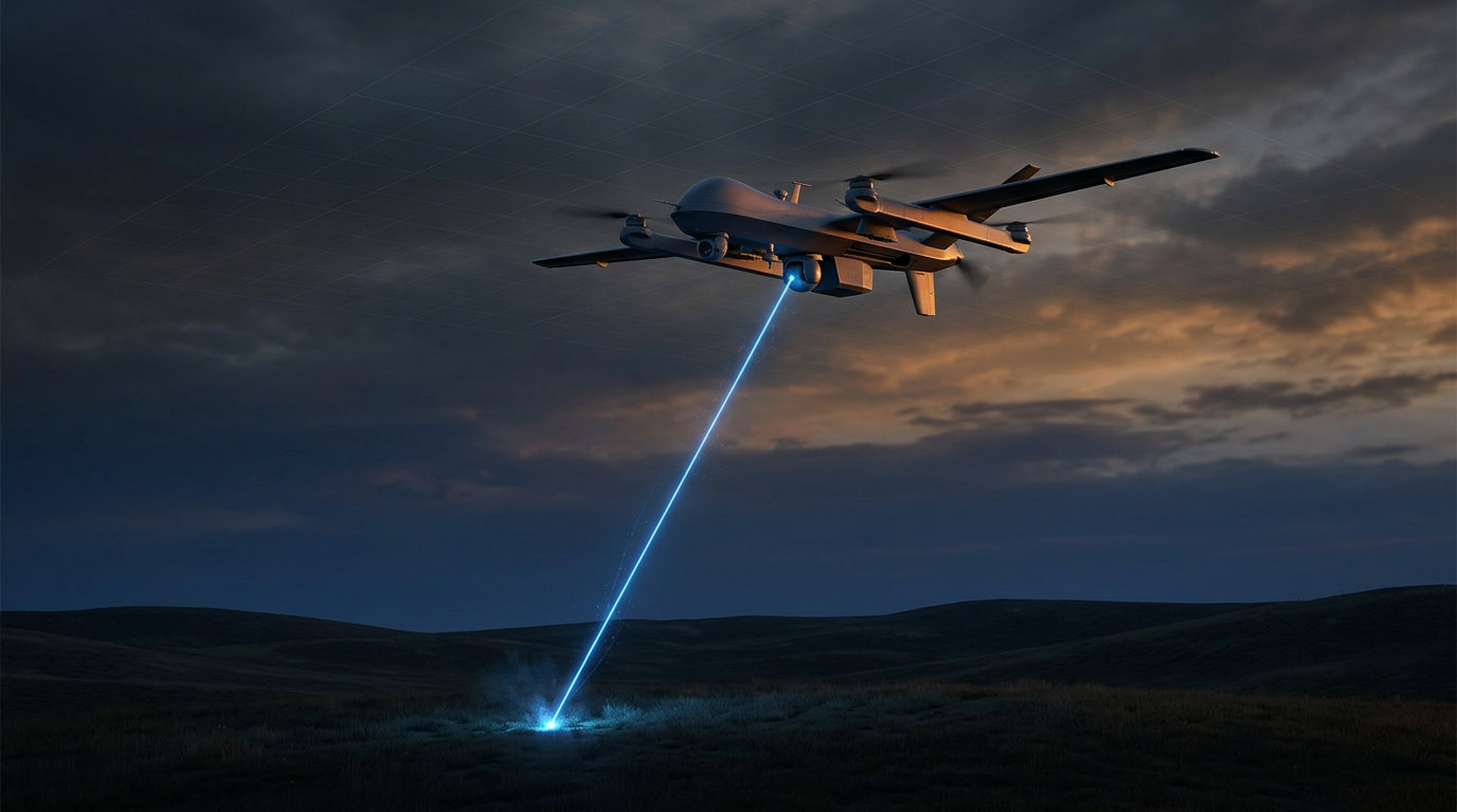Tactical UAV in flight at dusk with electric blue infrared beam projecting downward toward terrain below, demonstrating airborne laser system operation in open field environment.