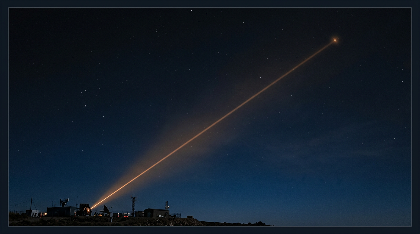Dark night sky with warm amber infrared beam projecting upward from lower left toward a distant glowing point in upper right, depicting free-space optical uplink transmission.