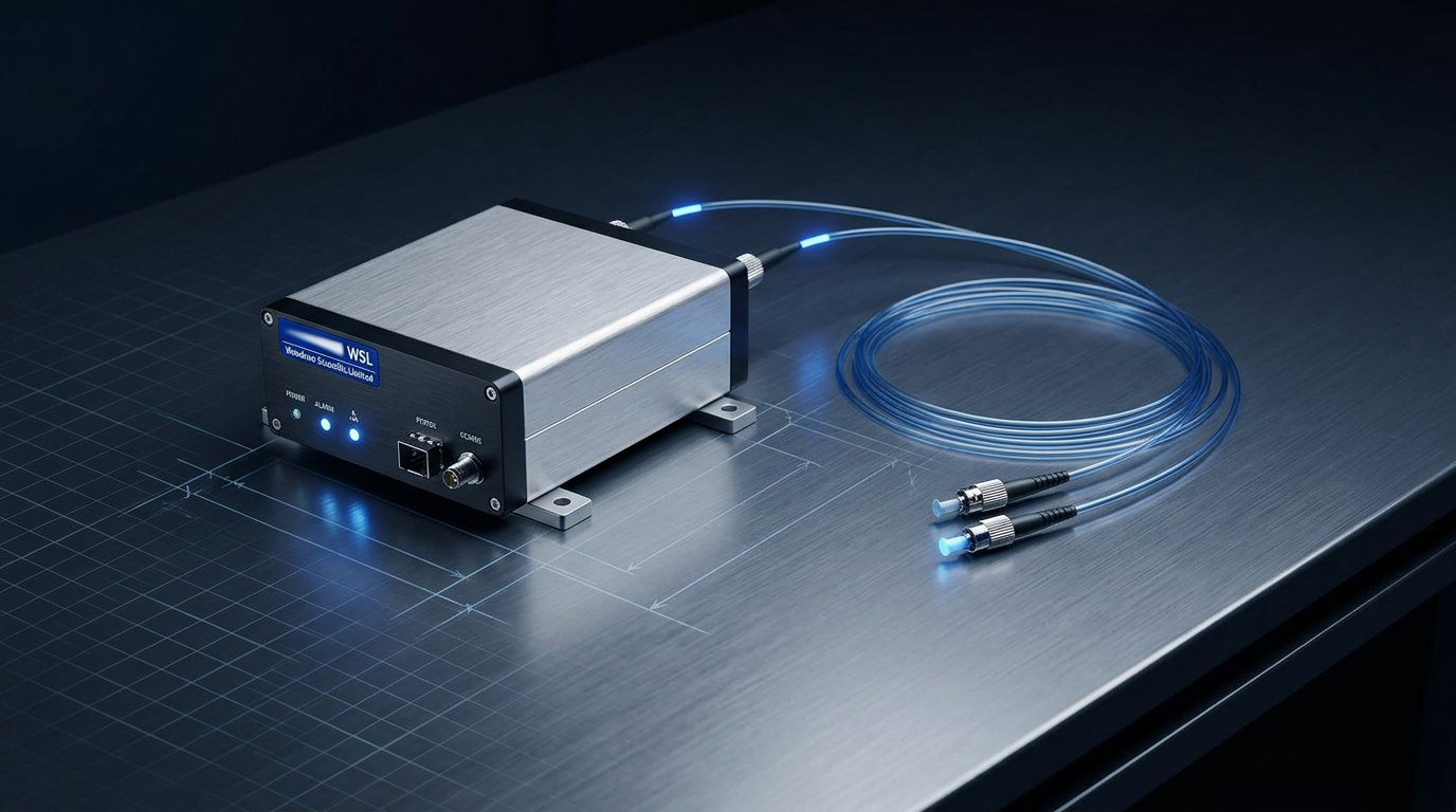 Woodrow Scientific Limited Custom EDFA unit on a dark engineering workbench, compact metal enclosure with visible fibre pigtails and connector ports, precision-engineered erbium-fibre amplifier module with indicator lights glowing cool blue.