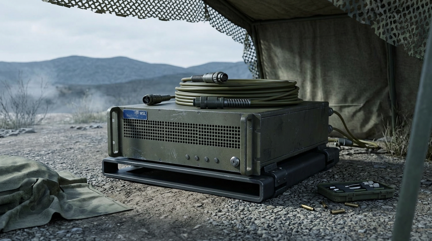Ruggedised EDFA fibre-optical system mounted on tactical field deployment bracket in muted military-toned semi-outdoor environment with weathered terrain and overcast sky.