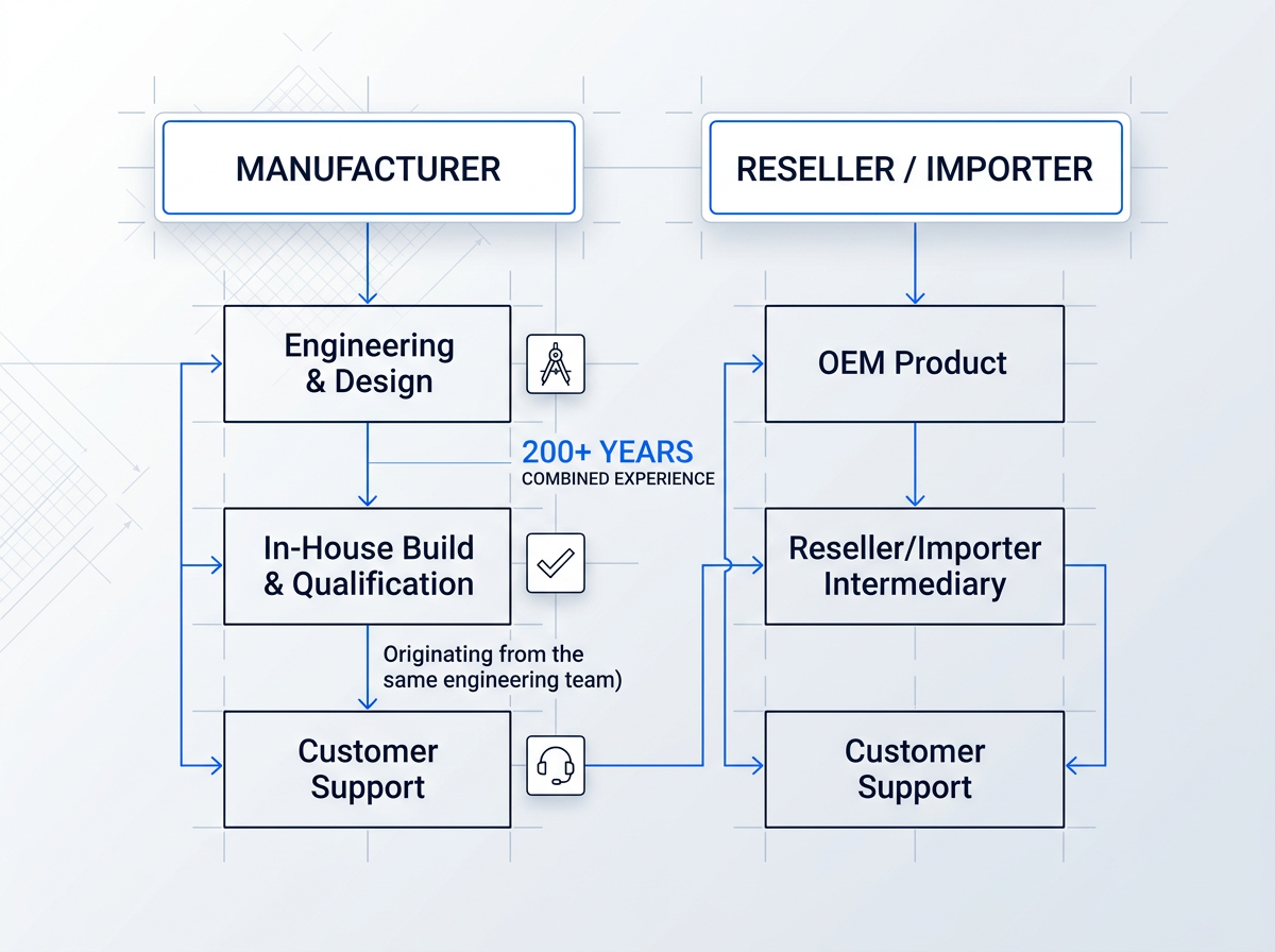 Supply-chain diagram with two parallel paths: Manufacturer (Engineering & Design → In-House Build & Qualification → Customer Support) and Reseller/Importer (OEM Product → Intermediary → Customer Support from external OEM). Dark navy and electric blue linework on light background.
