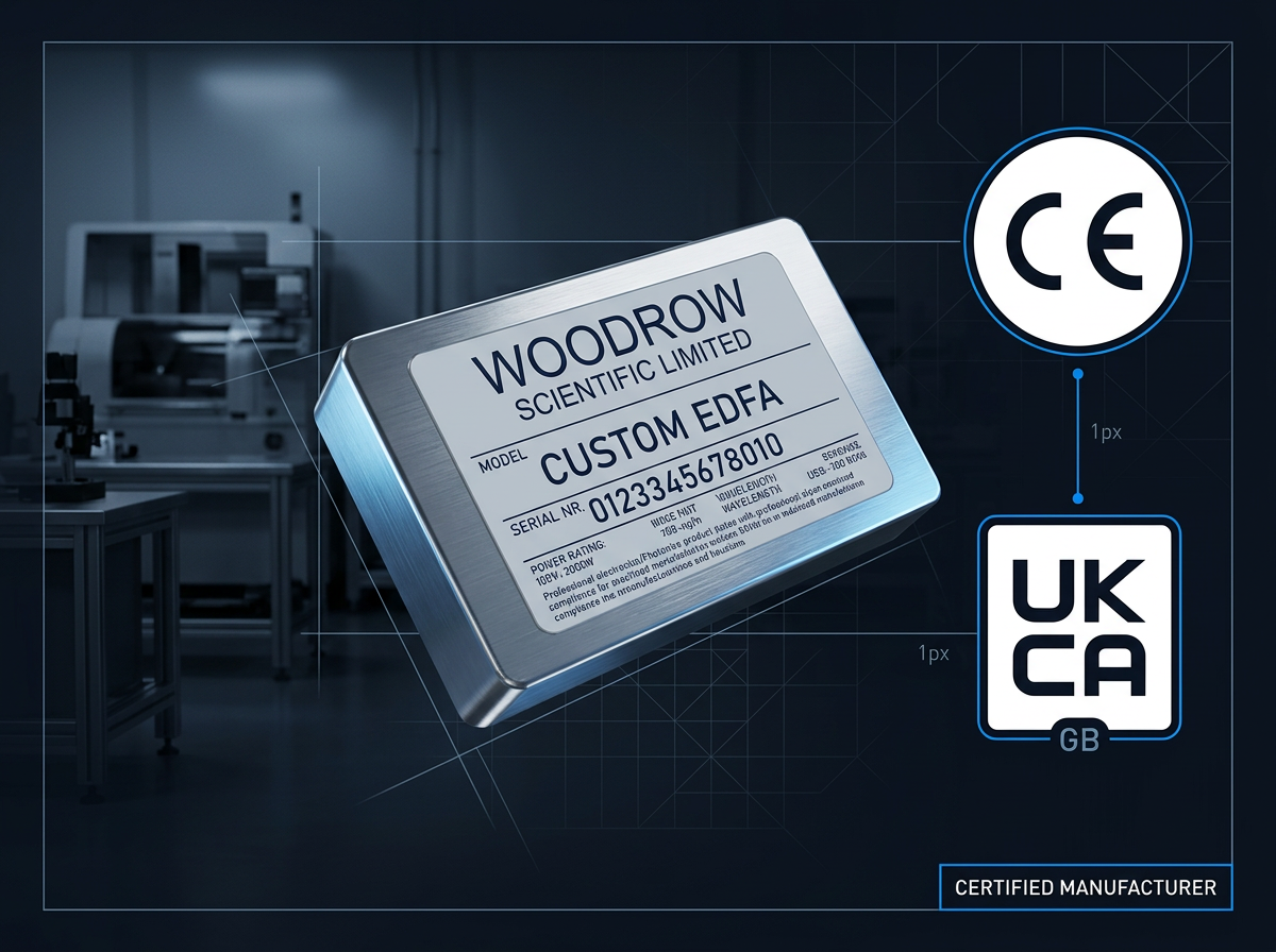 Close-up of Woodrow Scientific Limited Custom EDFA data plate on brushed metal housing with CE and UKCA conformity badges overlaid on right side.