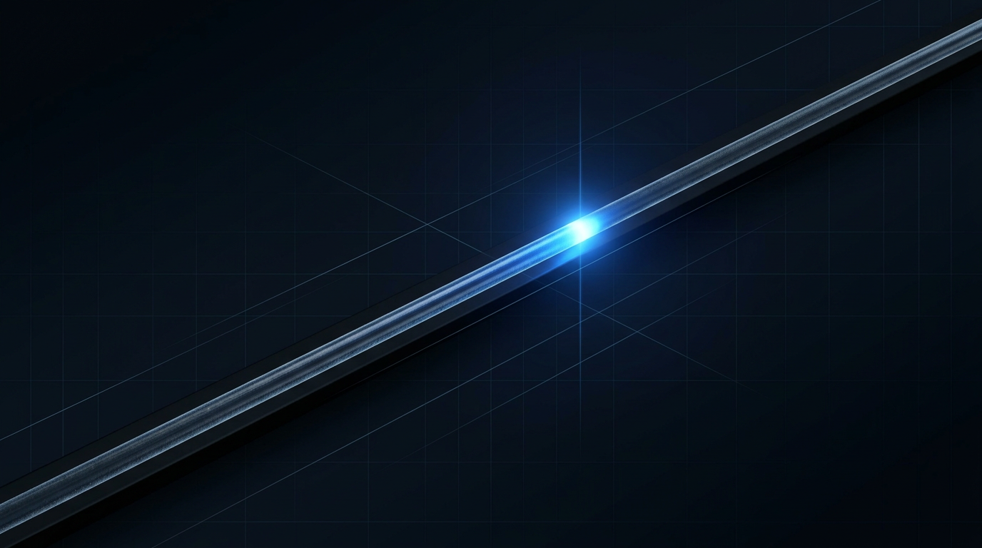 Silica fibre-optic cable with glowing electric blue infrared light pulse travelling diagonally across dark navy background, representing 1550 nm minimum-attenuation signal propagation.