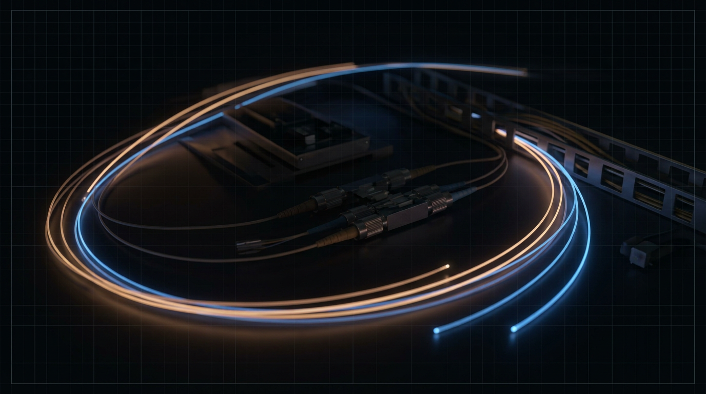 Darkened photonics laboratory with glowing optical fibre strands curving across the frame in warm amber and cool blue light, precision connectors and splicing equipment softly visible in the mid-ground.