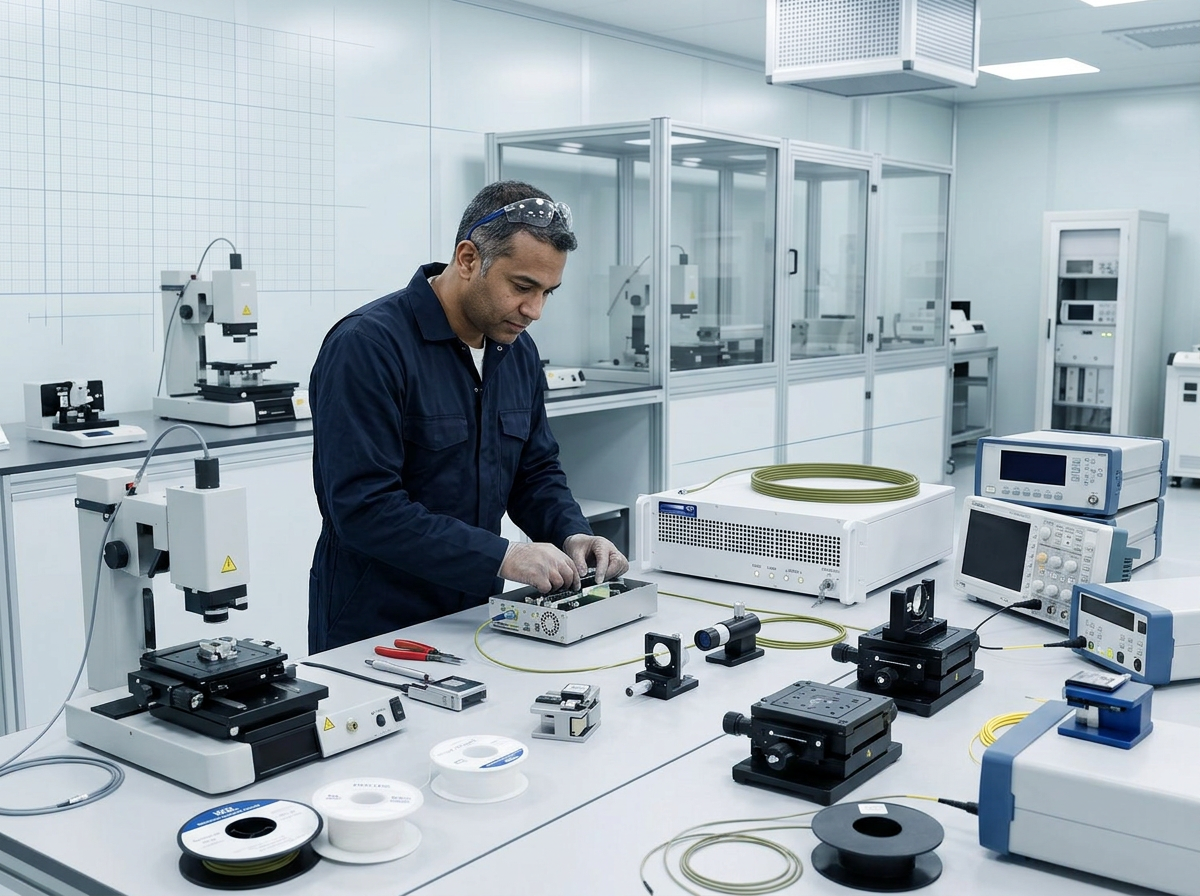 WSL engineer in navy coveralls assembling fibre amplifier unit at precision photonics workbench, with optical components, instruments, and equipment visible in bright laboratory setting.