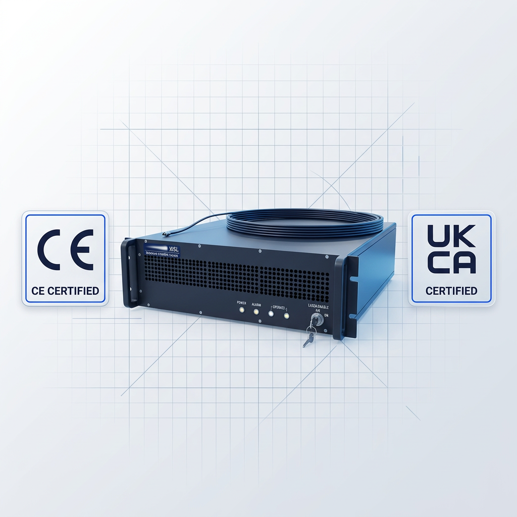 WSL Custom EDFA erbium-doped fibre amplifier with CE and UKCA certification badges flanking the unit on a light technical background