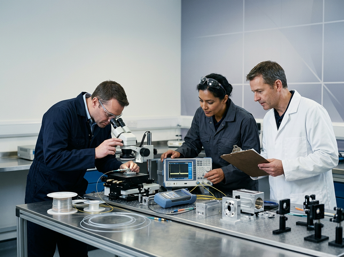 Three engineers in lab coats collaborating at a precision optical workbench, examining fibre-optic components and measurement instruments in a bright, clean laboratory environment.