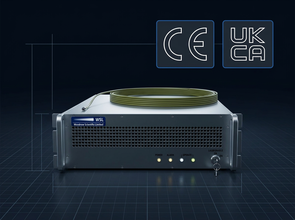 WSL Custom EDFA photonics unit on dark technical background with CE and UKCA conformity mark badges displayed side by side above the product.