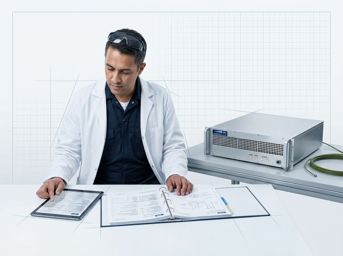 Engineering professional in dark workwear reviewing technical documentation at a bright, clean desk with a WSL Custom EDFA laser equipment visible on a nearby work surface in a modern industrial workspace.