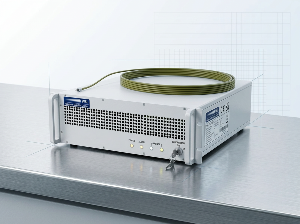 Compact fibre amplifier unit with Woodrow Scientific Limited logo and CE/UKCA certification marks visible on front panel, positioned on brushed stainless steel bench with fibre delivery cable draped across top.
