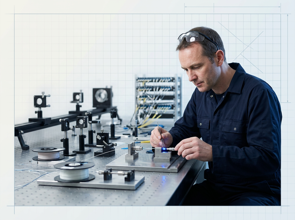 UK laser engineer in dark navy coveralls performing precision optical fibre assembly at a clean stainless steel workbench in a bright laboratory, with optical mounts and instrumentation visible in background.