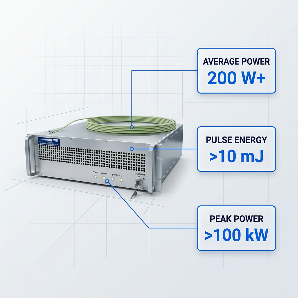 WSL Custom EDFA erbium-doped fibre amplifier on laboratory surface with three stat badges: 200 W+ average power, >10 mJ pulse energy, >100 kW peak power.