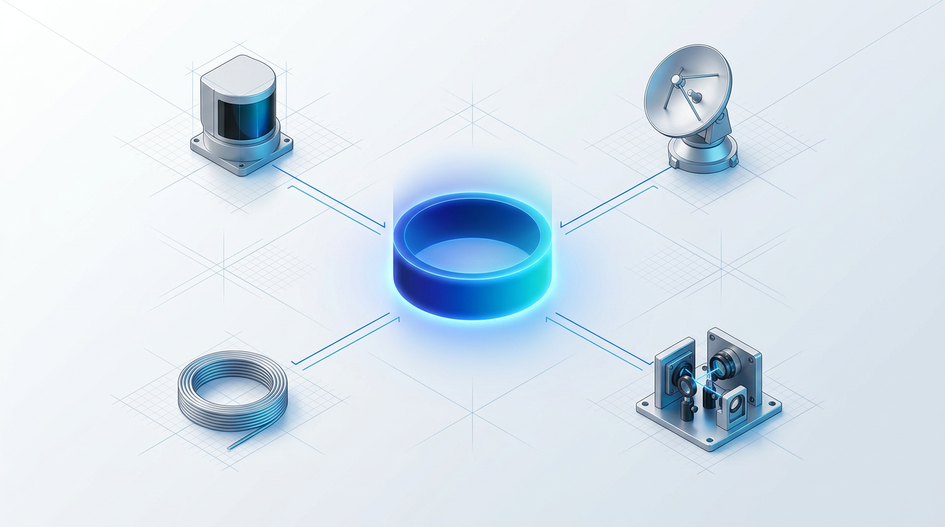 Four photonics application icons—LiDAR scanner, optical ground station dish, quantum sensing apparatus, and fibre sensing coil—arranged symmetrically around a glowing central 1550 nm wavelength band, connected by electric blue lines suggesting convergence.